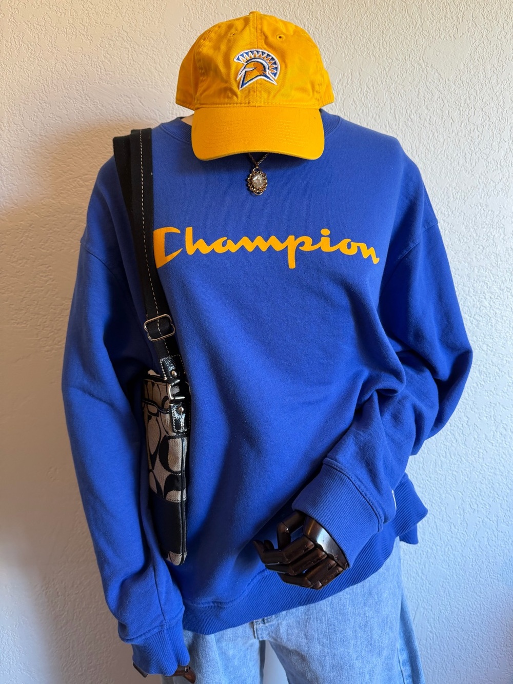 Champion Men's Blue Crewneck Sweatshirt with Yellow Script Logo